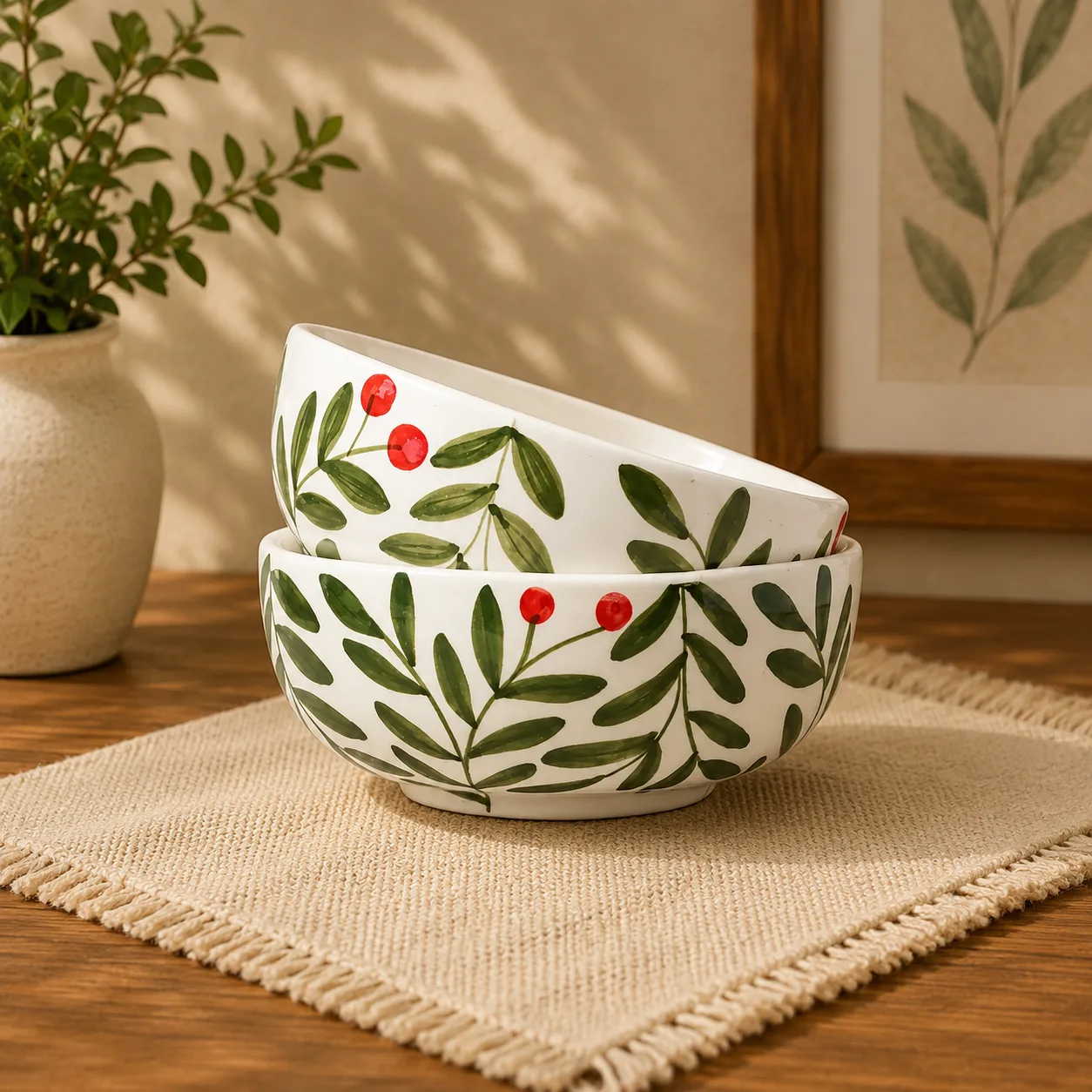 Olive Leaf Handpainted 300 ml Ceramic Snack Bowl