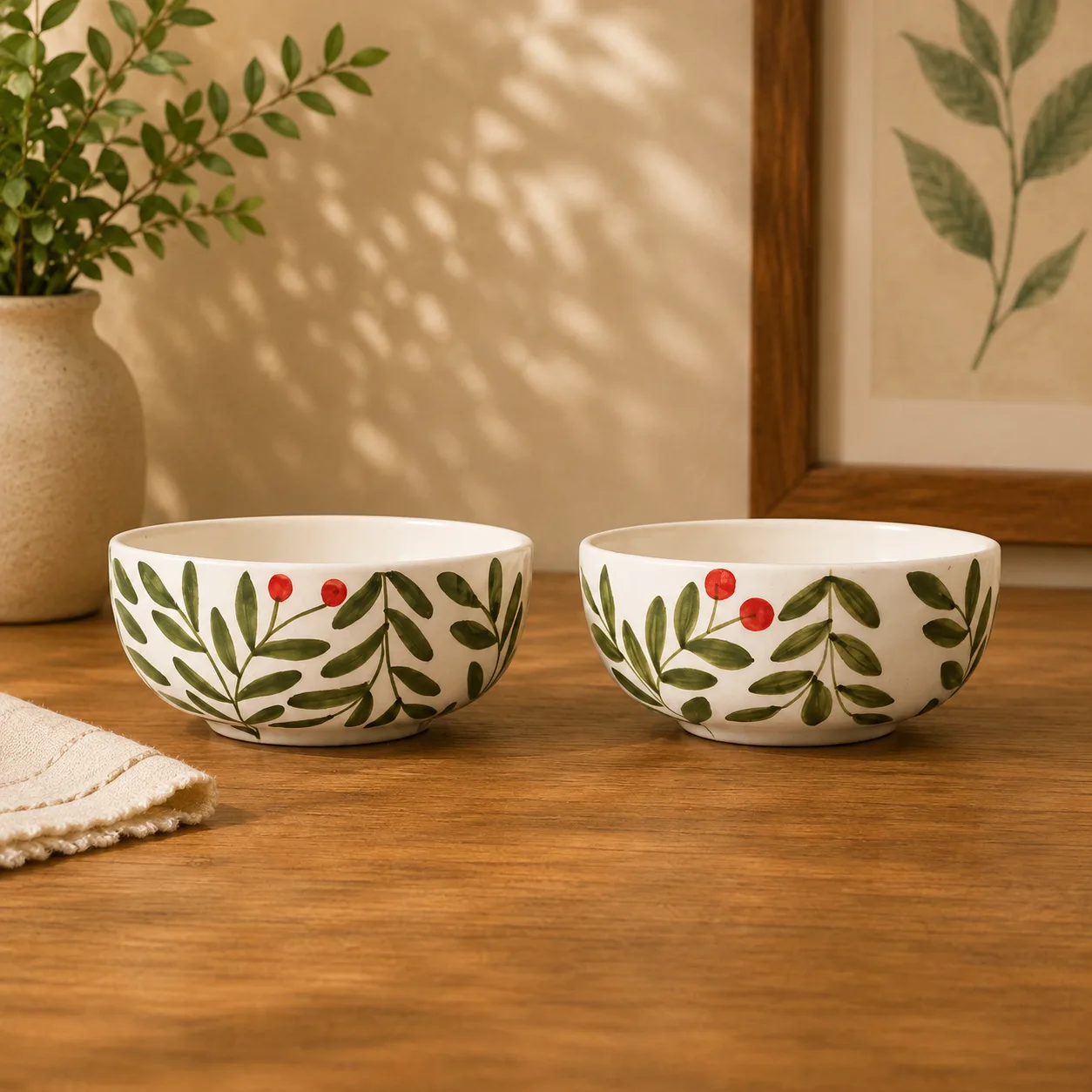 Olive Leaf Handpainted 300 ml Ceramic Snack Bowl - Angle 2 - Artisan Pottery Khurja