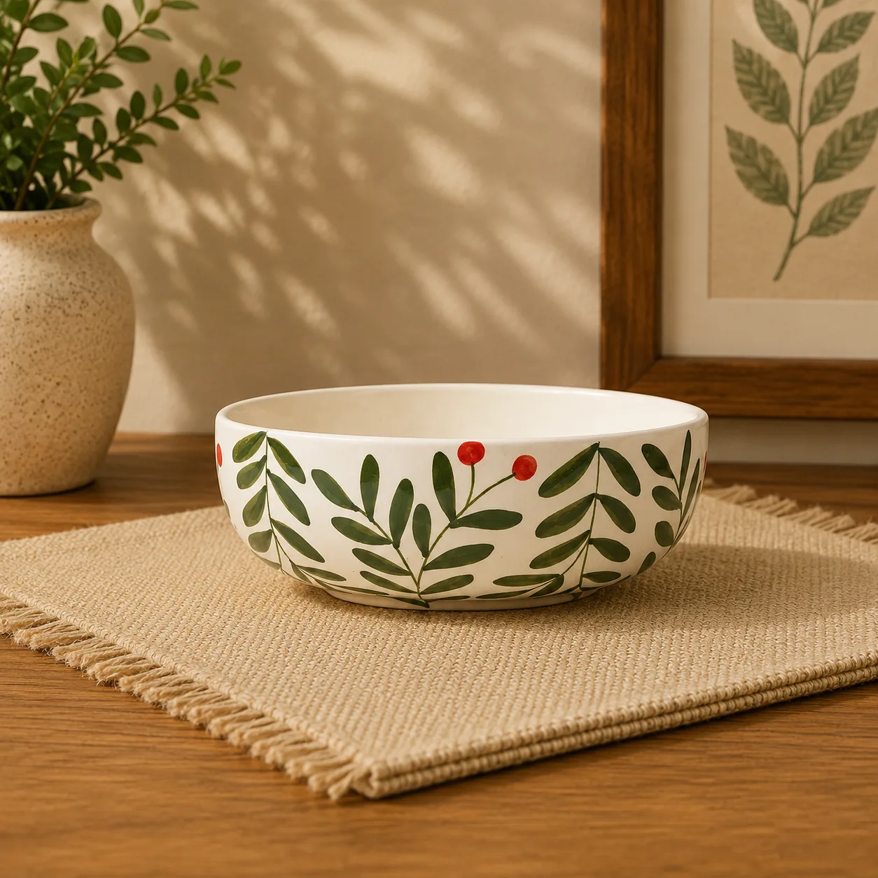 Olive Leaf Handpainted 700 ml Ceramic Serving Bowl