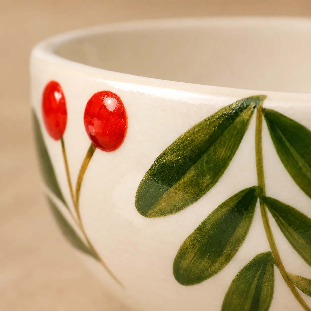 Olive Leaf Handpainted 700 ml Ceramic Serving Bowl - Angle 2 - Artisan Pottery Khurja