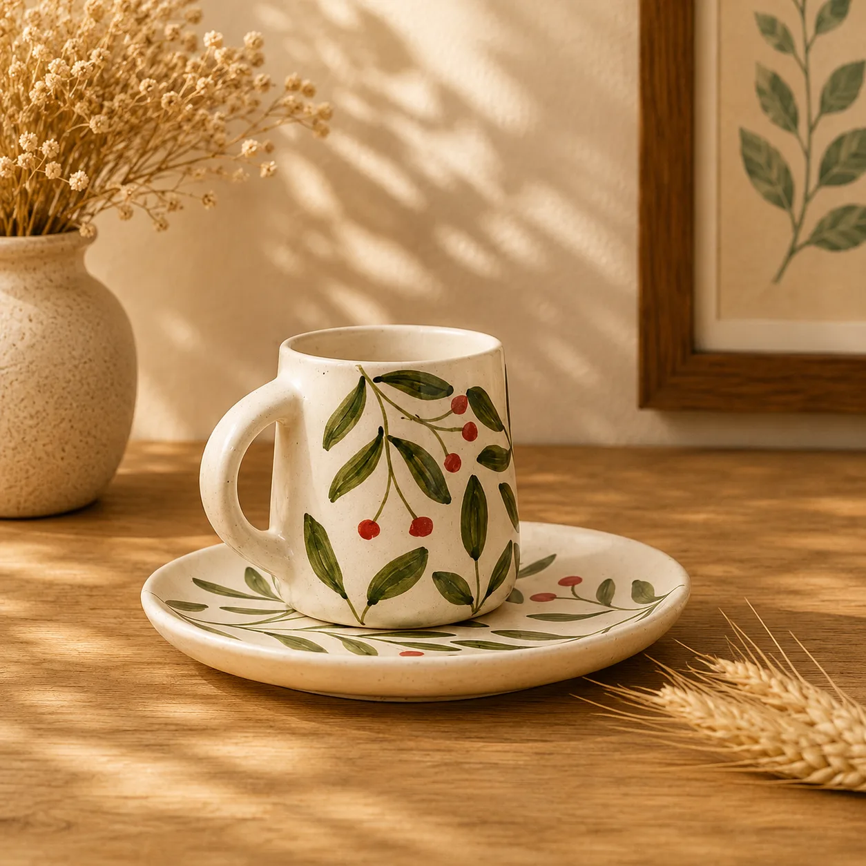 Olive Leaf Handpainted Stoneware Ceramic Breakfast Set (3-Piece) - Angle 2 - Artisan Pottery Khurja