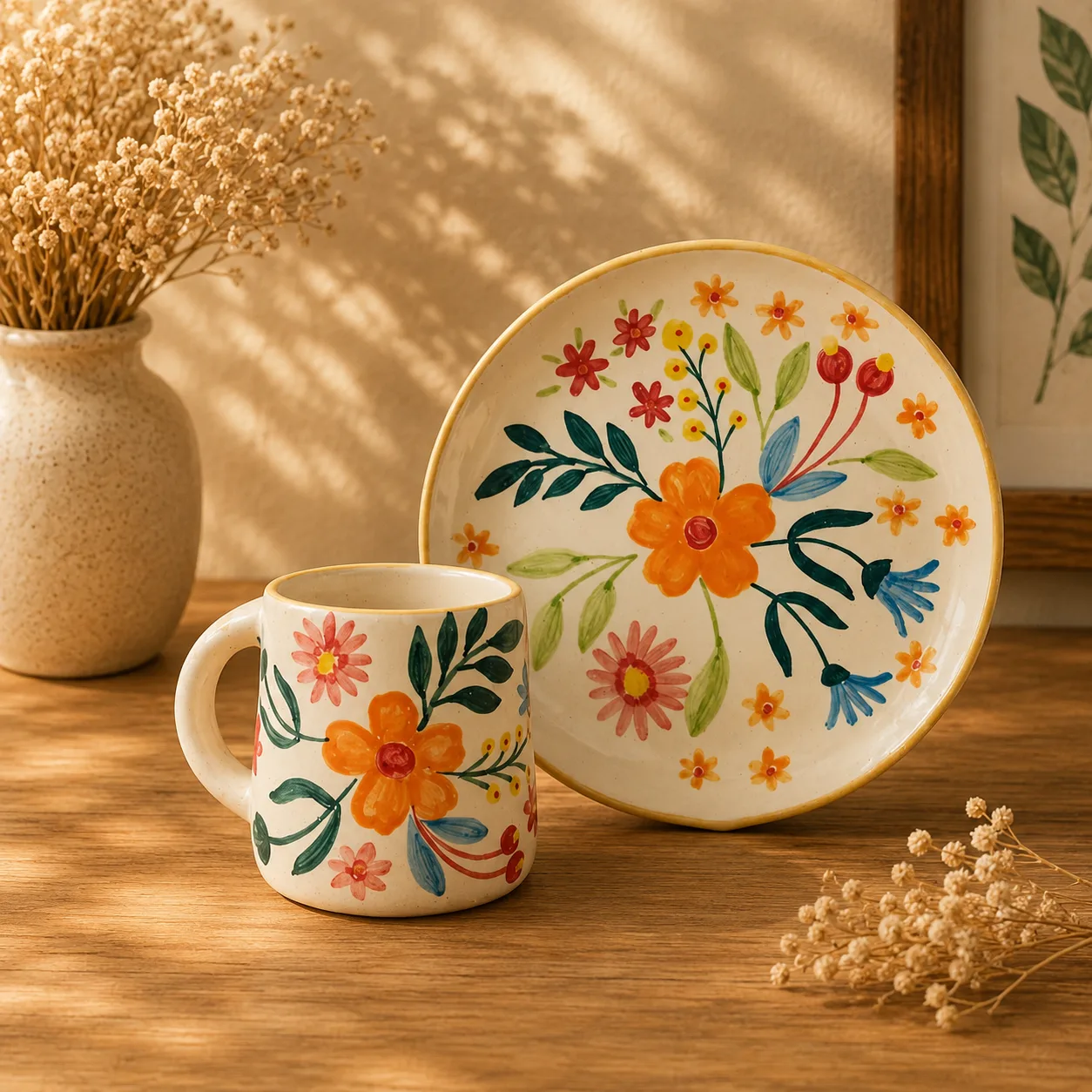 Floral Extravaganza Handpainted Stoneware Ceramic Breakfast Set (3-Piece) - Angle 2 - Artisan Pottery Khurja