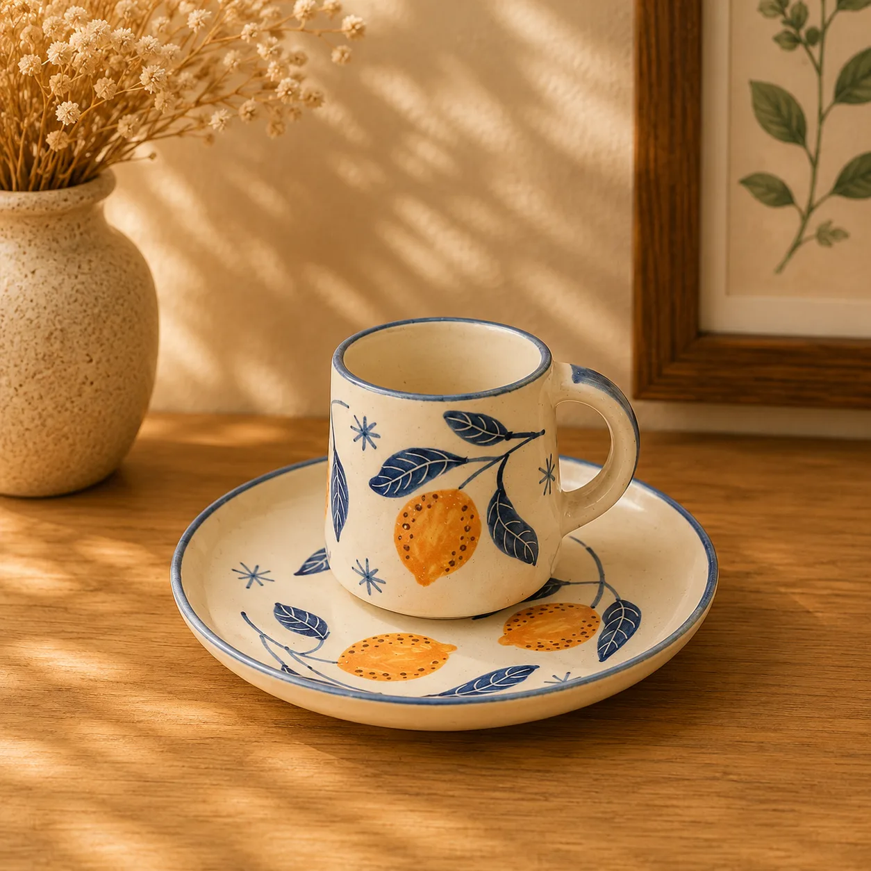 Italian Lemon Summer Handpainted Stoneware Ceramic Breakfast Set (3-Piece) - Angle 2 - Artisan Pottery Khurja